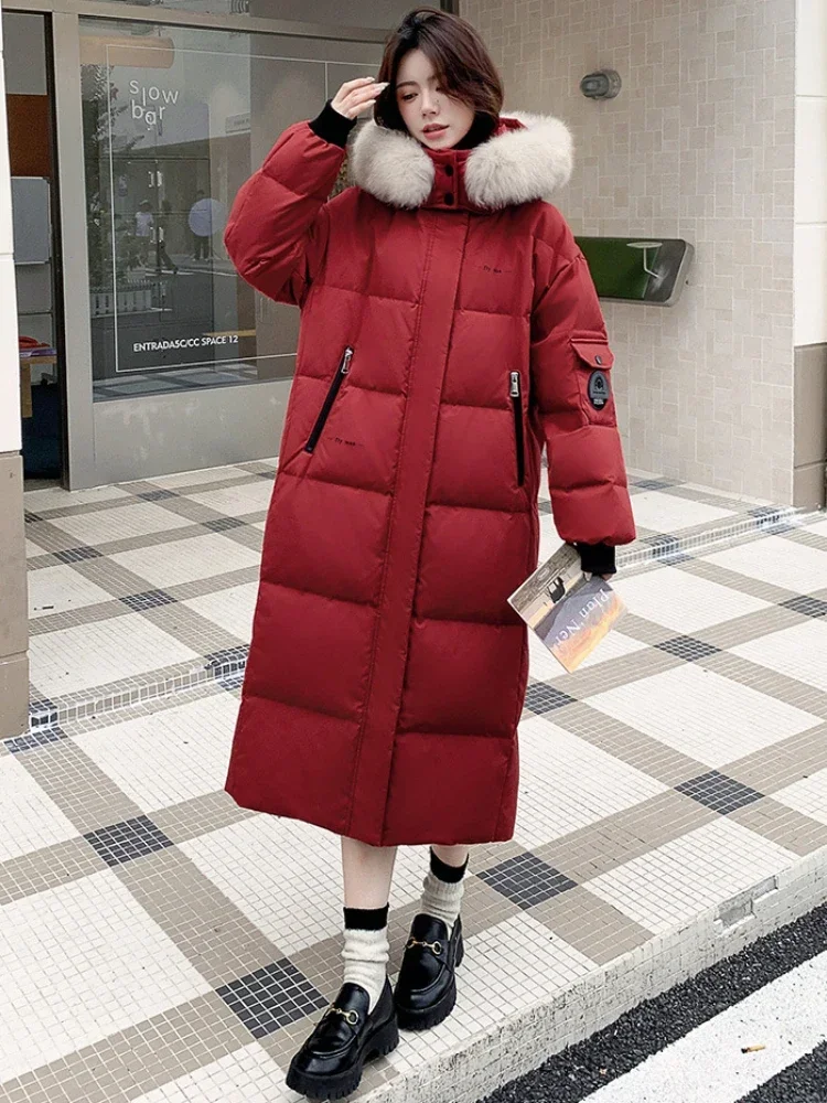 Extra grosso grande gola de pele de raposa para baixo jaqueta inverno extremo frio roupas quentes plus size solto longo pato branco puffer casaco feminino