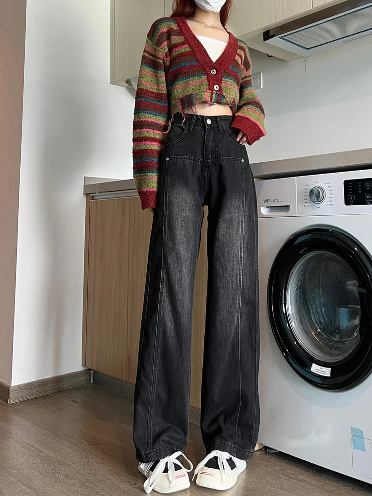 

Ретро джинсы с высокой талией и широкими штанинами для женщин, осенне-зимние, больших размеров, стройнящие, свободные, прямые, в пол