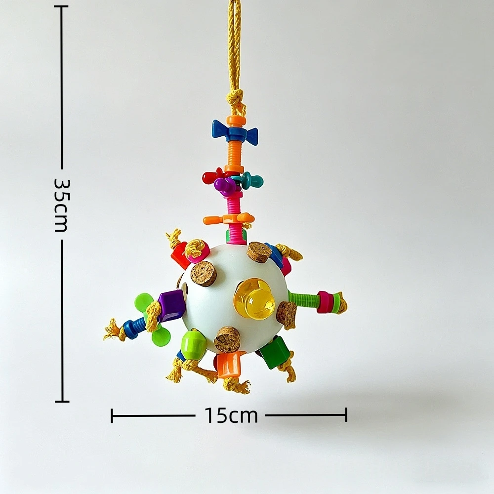 Parrot Puzzle Toy Colorful Foraging Ball with Cork & Cotton Rope Interactive Bird Chewing Toy for Large Parrots Stress Relief