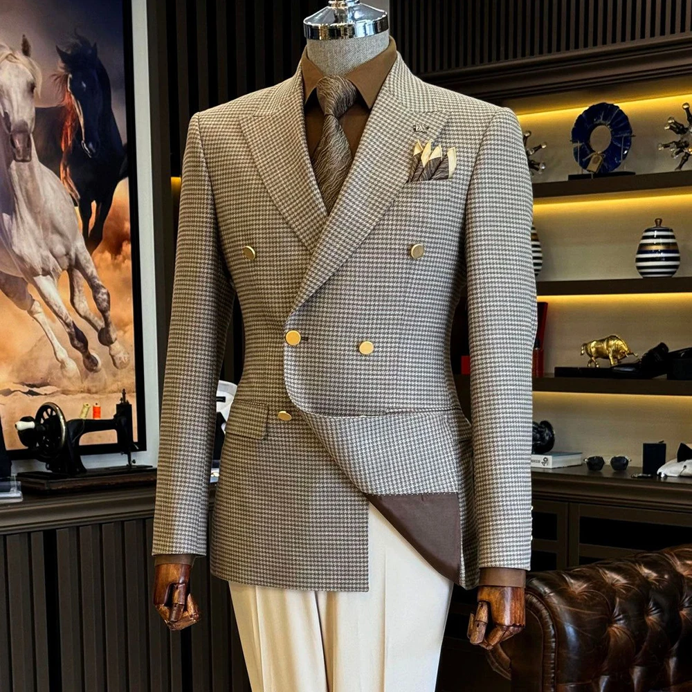 

Slim Fit Houndstooth Men's Suits Elegant Blazer and Trousers Set 2 Piece Double Breasted Checkered Business Office Wedding Suit