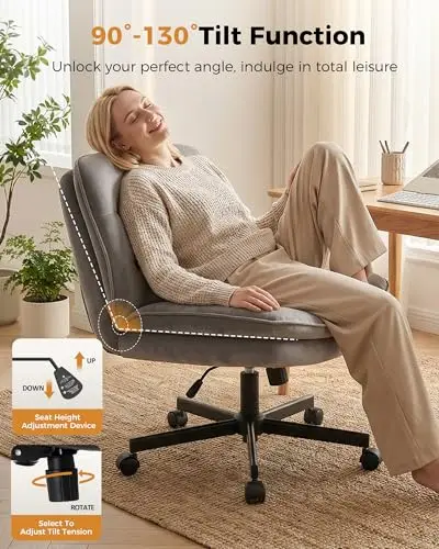 

Gray Velvet Swivel Office Chair With Adjustable Tilt 90°–130°, Wide Armless Seat For Home Study And Comfort
