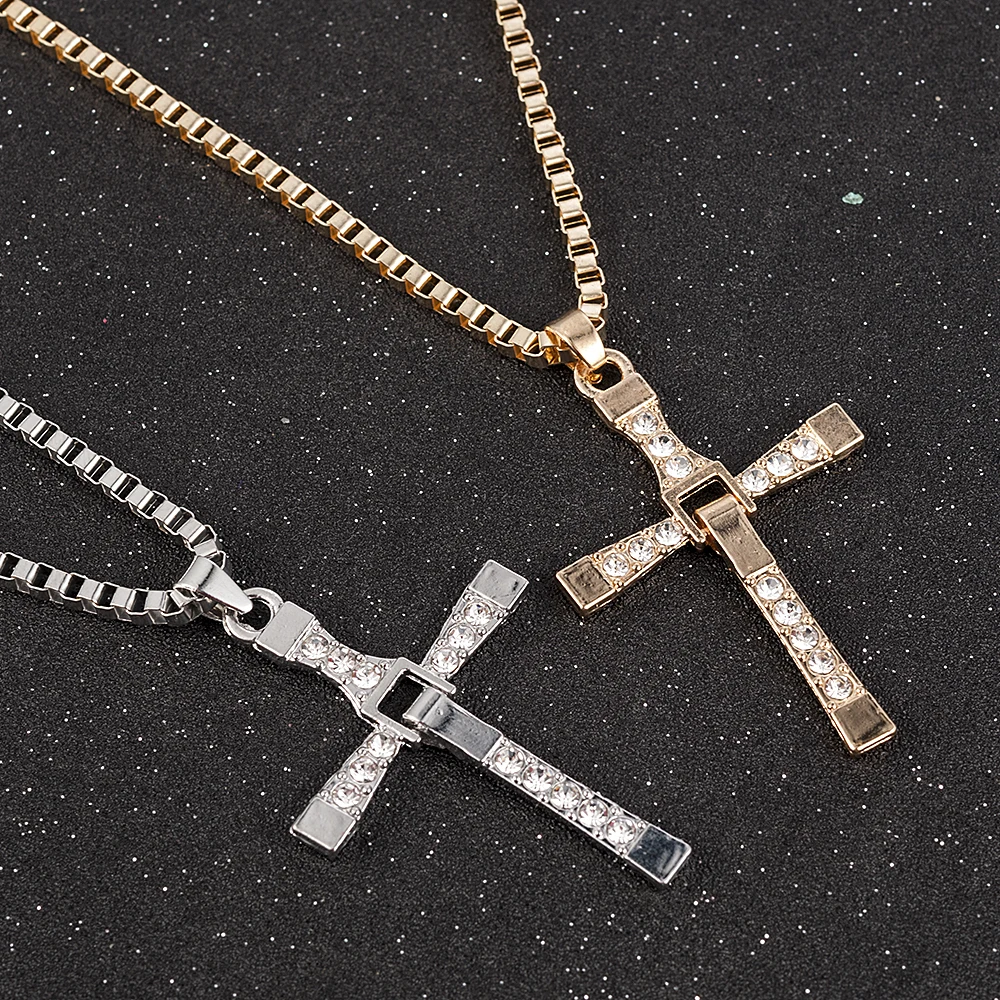Fast and Furious Movies Actor Dominic Toretto Rhinestone Cross Crystal Pendant Chain Necklace Men Jewelry Fashion Jewelry