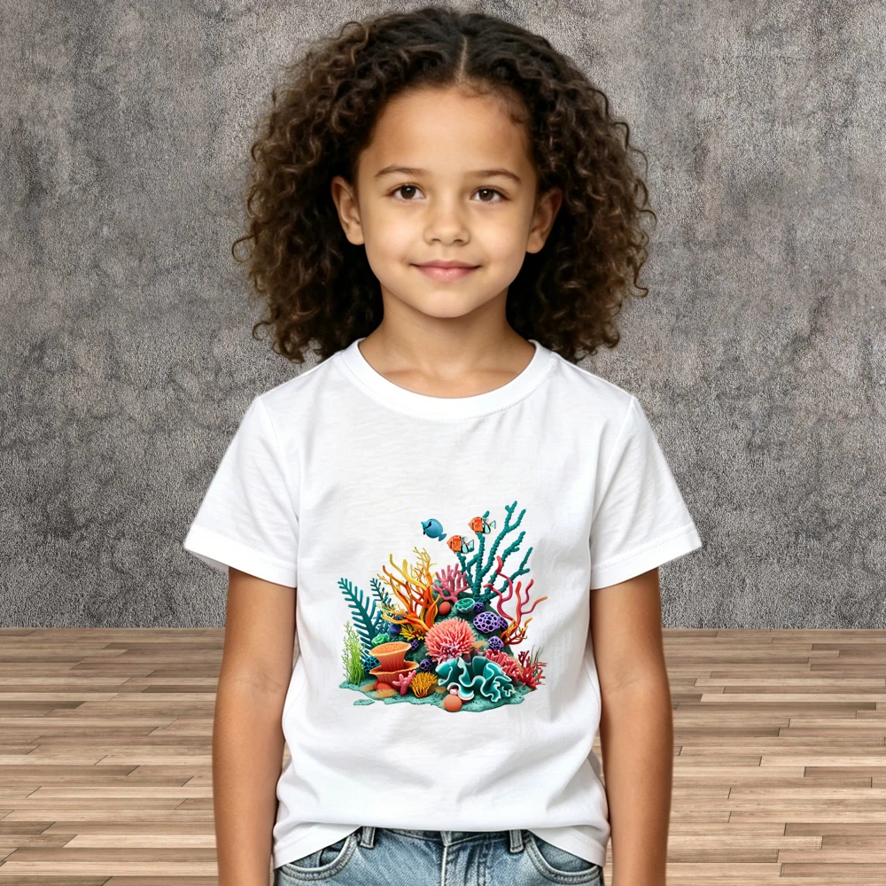 Kids Ocean Creature T-Shirt Summer Boys Girls Vibrant Coral Reef Print Short Sleeve Tees