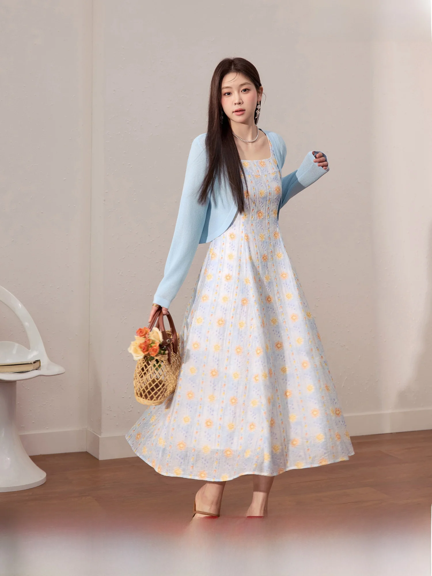 

Летний женский кардиган из шелка с цветочным принтом, защита от солнца, красивый комплект Dr. Sun Protection, большие размеры, синий цвет