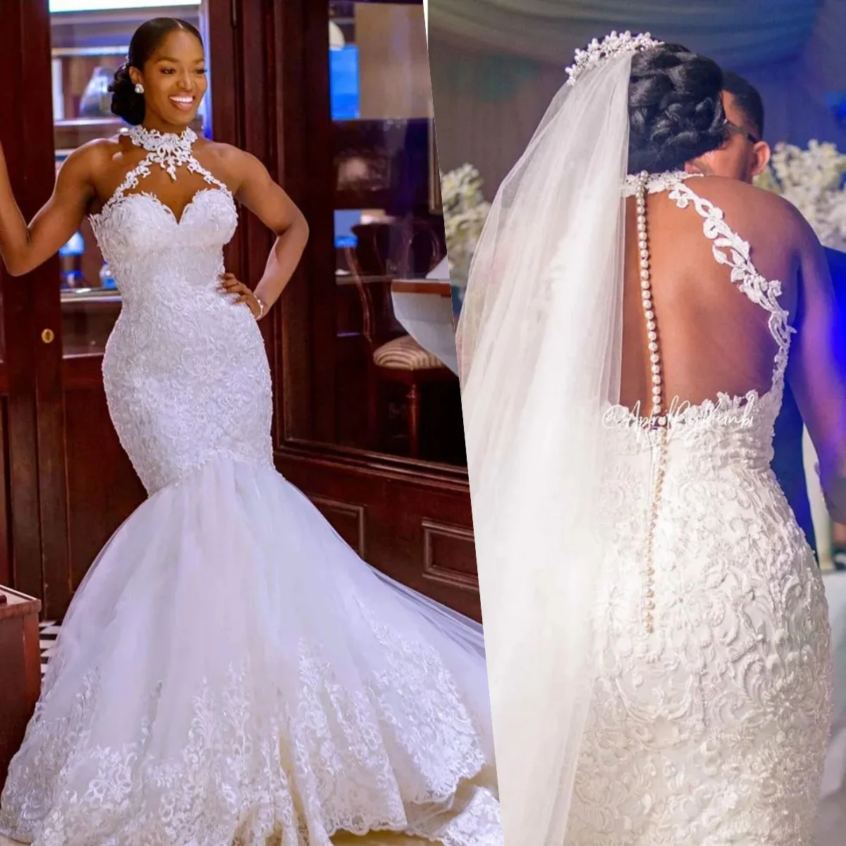 

Customize Arabic Aso Ebi Vintage Lace Beaded Mermaid White Wedding Dresses Sheer Neck Non Sleeve Sexy Bridal Dresses 2025