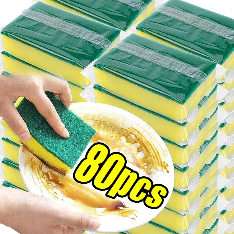 80/1pcs Magic Double-sided Cleaning Sponge Highly Absorbent Kitchen Dishwashing Pot Rust Stain Sponges Brushes Tools Wholesale