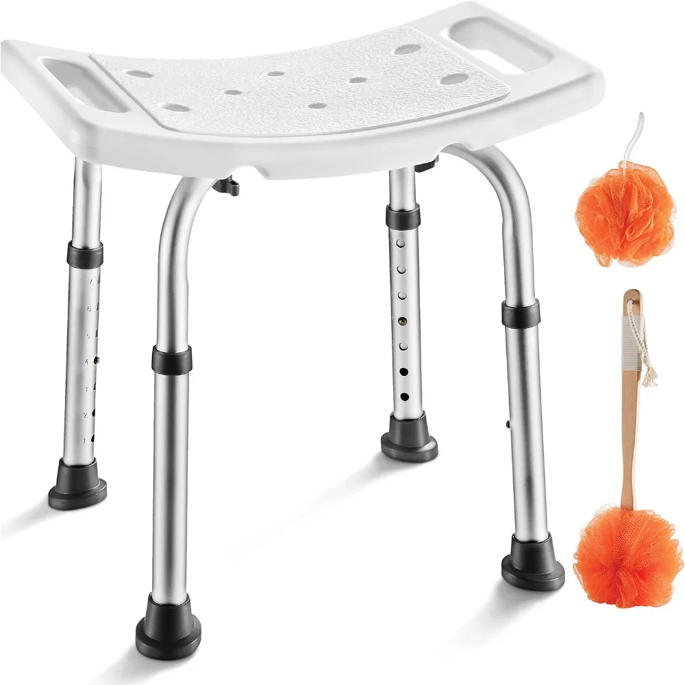 

Shower Chair - with Back Scrubber & Additional Sponge - Tool Free Shower Chair for Elderly - with 8 Adjustable Heights