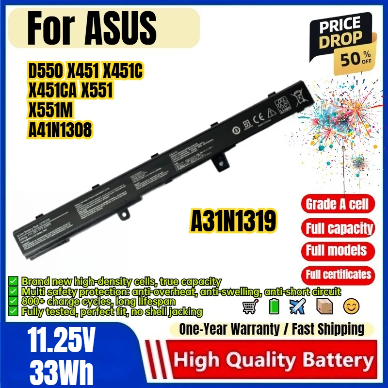 A31N1319 for ASUS D550 X451 X451C X451CA  X551 X551M A41N1308 Laptop Battery 0 Cycle  High Capacity Battery Replacement Bateria