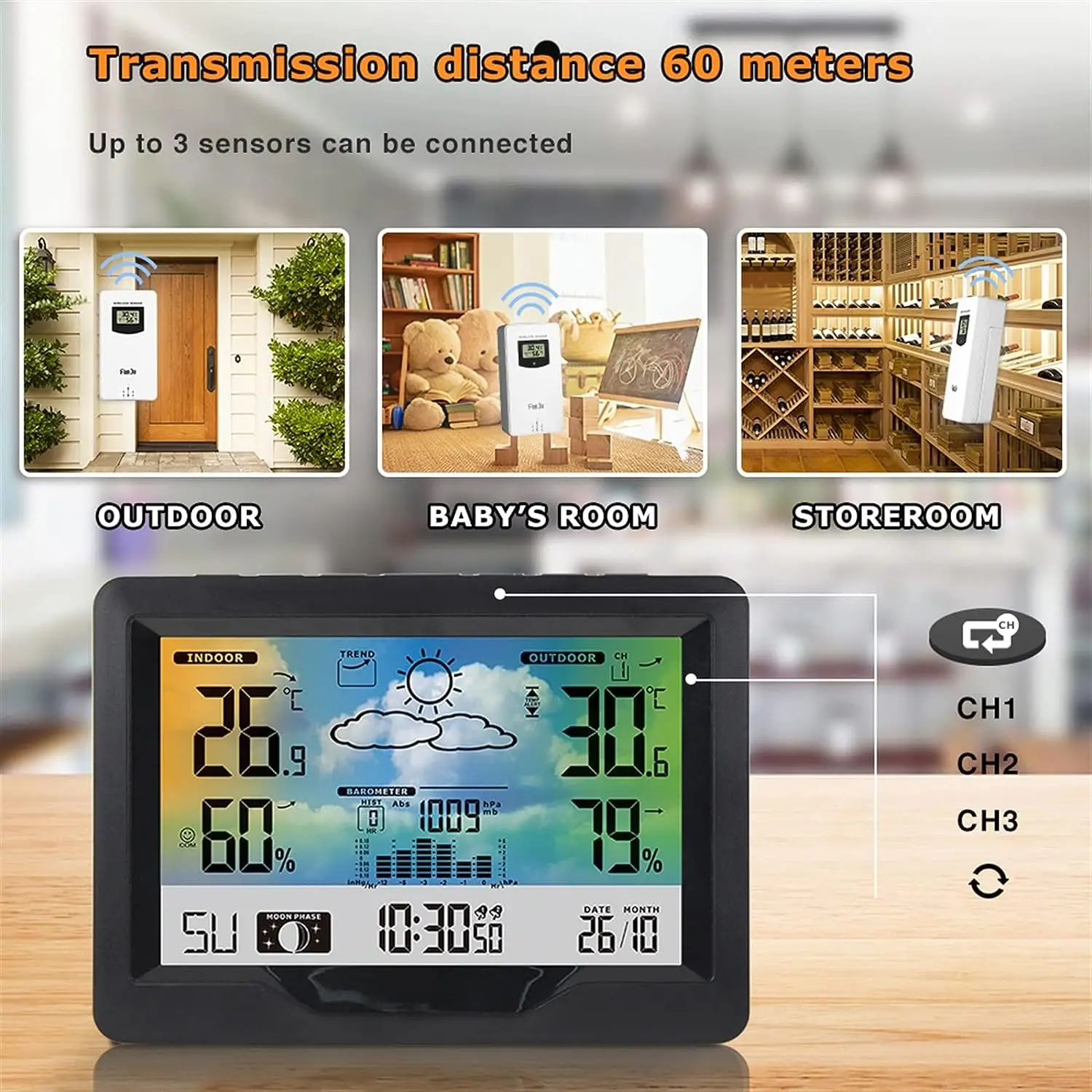 Wireless Weather Station Forecaster Indoor Outdoor Thermometer Hygrometer with Sensor Color Touch Screen Alarm Clock Calendar