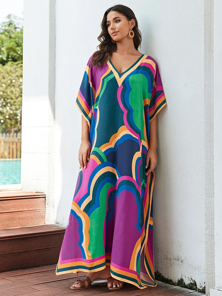 Sunforyou caftano abiti per le donne Plus Size stampa rosso leggero Beachwear Loungewear Beach Robe Maxi Dress Swim Cover Up