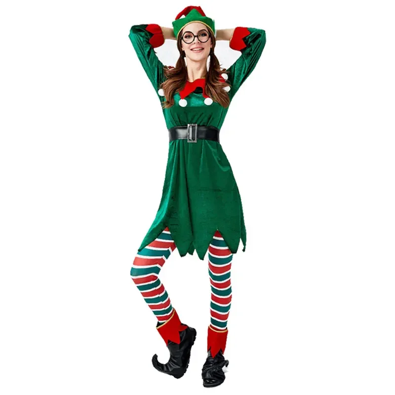 Adulto meninas papai noel trajes elfo verde veludo terno de natal natal ano novo masquerade cosplay vestido extravagante