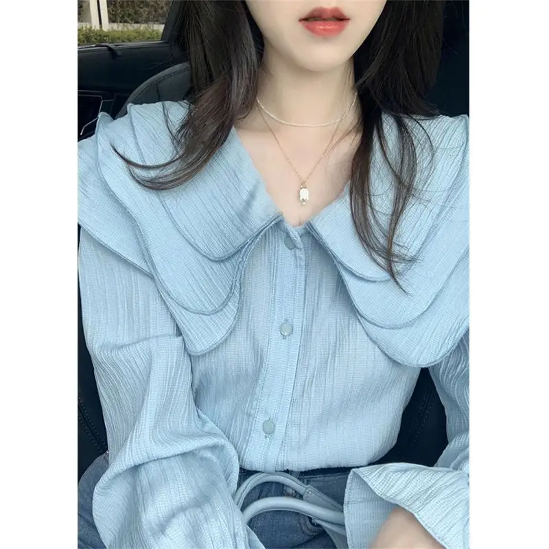 French Fashion Blue Doll Collar Shirt Women's Spring Autumn High-end Style Shirt Western-style Design Sense Niche Top