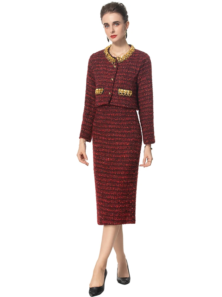 Seasixiang Striped Tweed Suit Women Diamonds O-Neck Single Breasted Jacket  +  Pencil Skirt Vintage Two Piece Set Female New