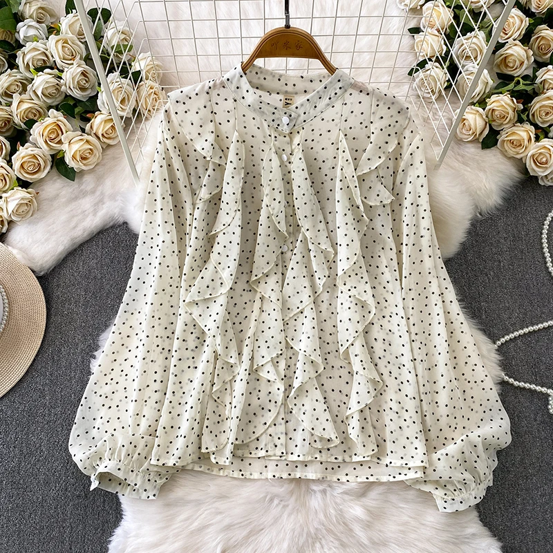 

Весенне-осенняя французская шифоновая блузка в горошек с рюшами и круглым вырезом для женщин, новая модная повседневная свободная рубашка-топ C465