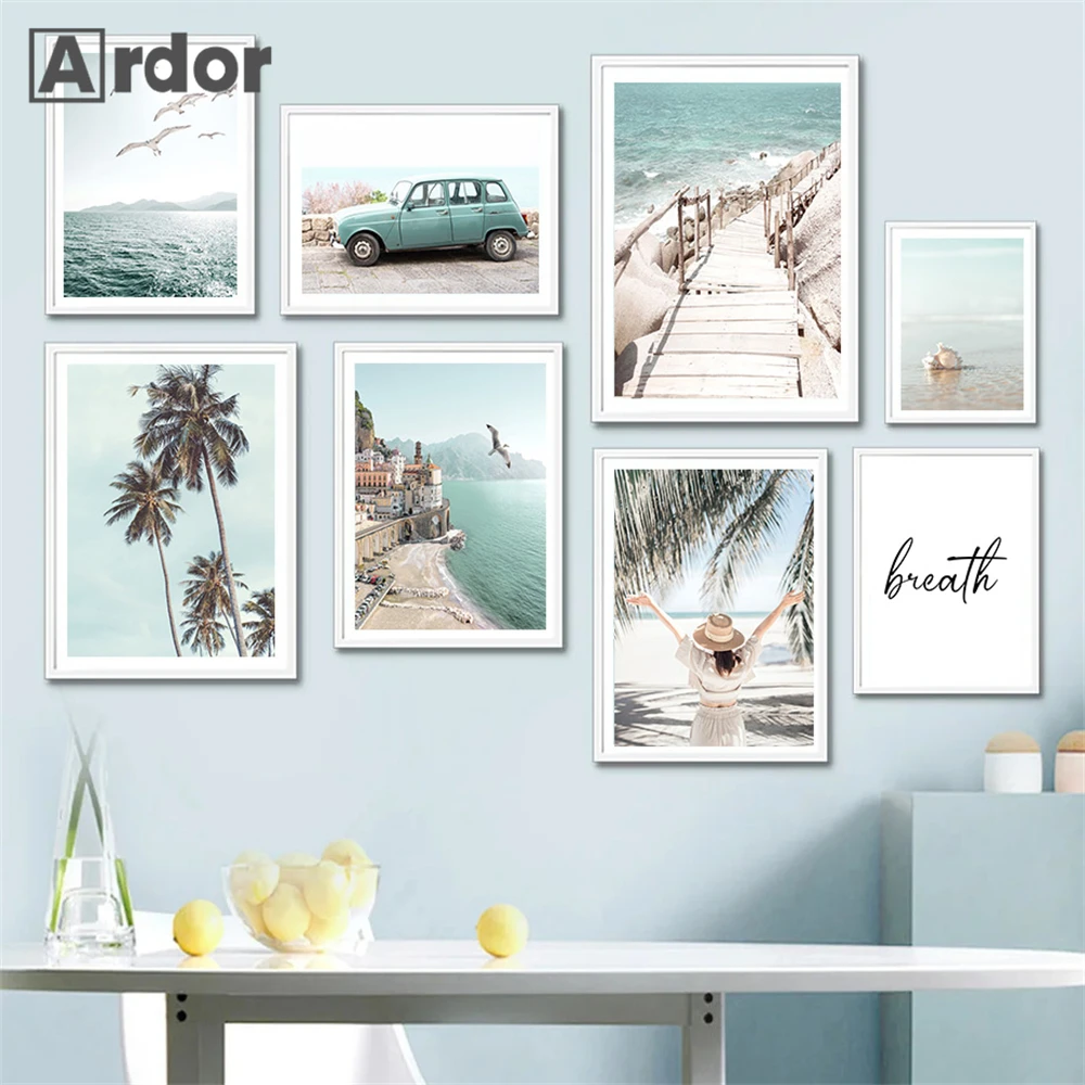 Seascape Car Prints Coconut Tree Canvas Painting Bridge Wall Art Poster Seagull Posters Nordic Wall Pictures Living Room Decor