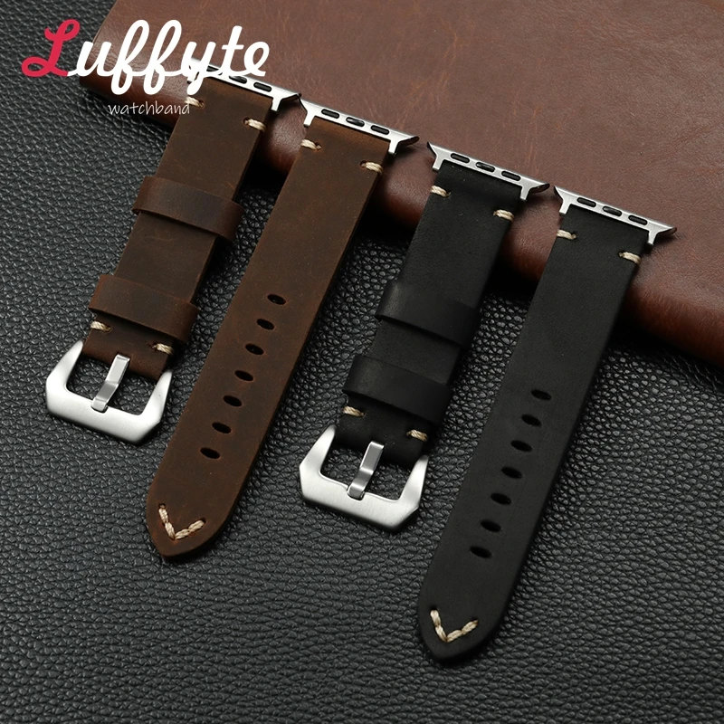 

Handmade Vintage Cowhide Leather Watchband for Apple Watch Strap 38/40/41/42/44/45/46/49mm 1-10 SE Ultra 2 Men's Wrist Bracelets