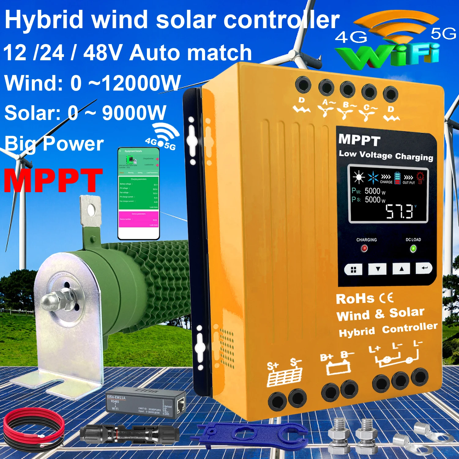 Solar & Wind Hybrid System Double MPPT Charge Controller 4kW 12v 24v & 24v 48v Auto Regulator Home Use Wind Turbine Generator