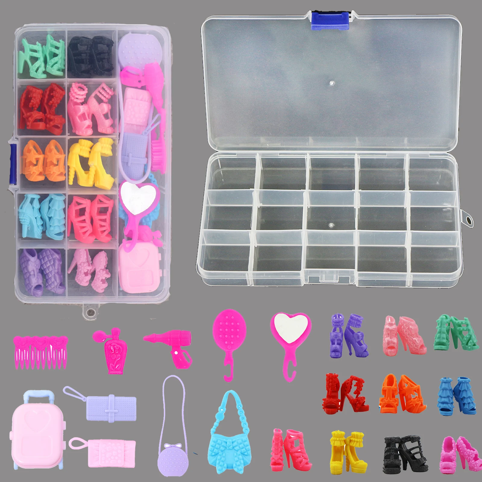 Random 21PCS Fashion Doll Accessories for 11.5 Inch Doll 1 Box 10 Shoes 5 Bags 5 Accessories High Heel Comb Playhouse Toy