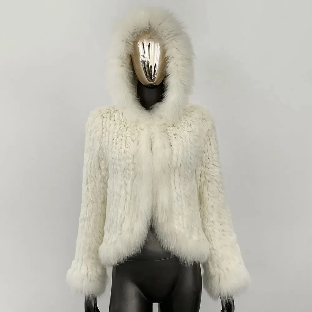 

Rabbit Fur Coat Fashion Poncho Style Real Kintted Spring Autumn Women Casual Woven Fur Coat Real Fox Fur Collar Fur Jacket Lady