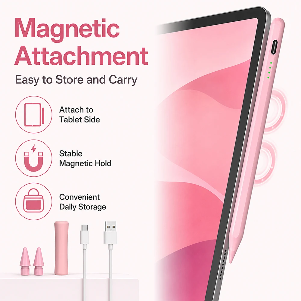 Stylus Pen for iPad Magnetic Active Touch Pen with Silicone Grip Sleeve Palm Rejection Tilt LED Display Fast Charging for Notes
