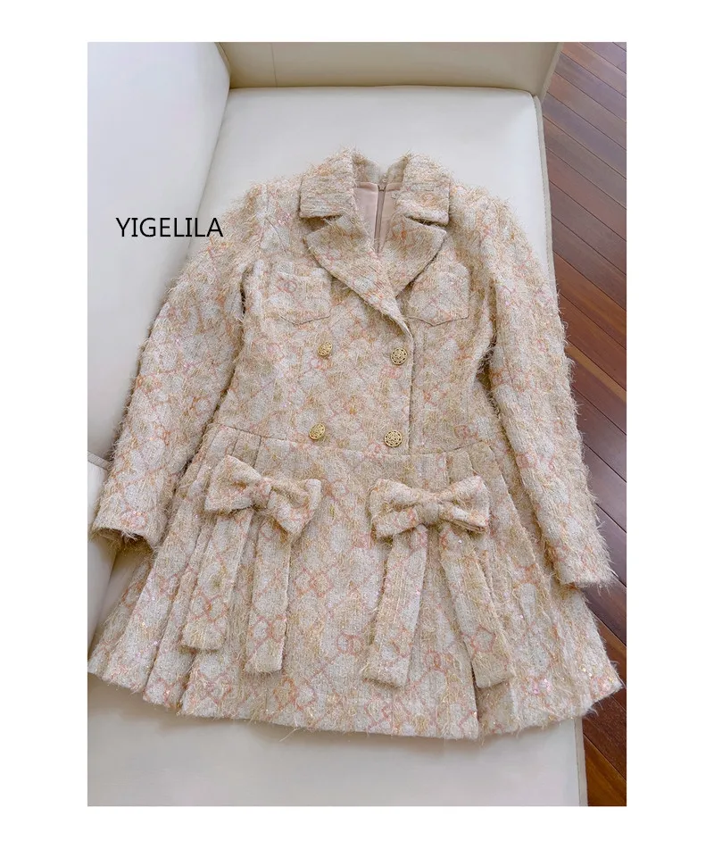 YIGELILA Women Tweed Dress French Vintage Ladies Dress Outerwear Autumn Winter Annual Party Formal Blazer Dresses DoubleBreasted