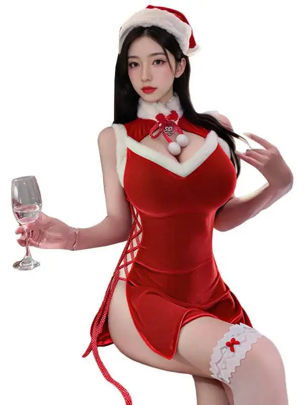 Nieuwe Sexy Nachthemd Voor Vrouwen Kerst Fluwelen Set Lace-up Kostuum vrouwen Capuchon Zijsplit Pure Desire Nachthemd High-end NEBB