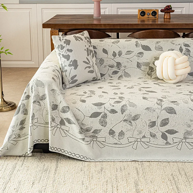 French Cooling Sofa Cover for Summer Plant Printing Comfortable Dust-Proof Couch Slipcover Skin-Friendly Easy-Care Sofa Blanket
