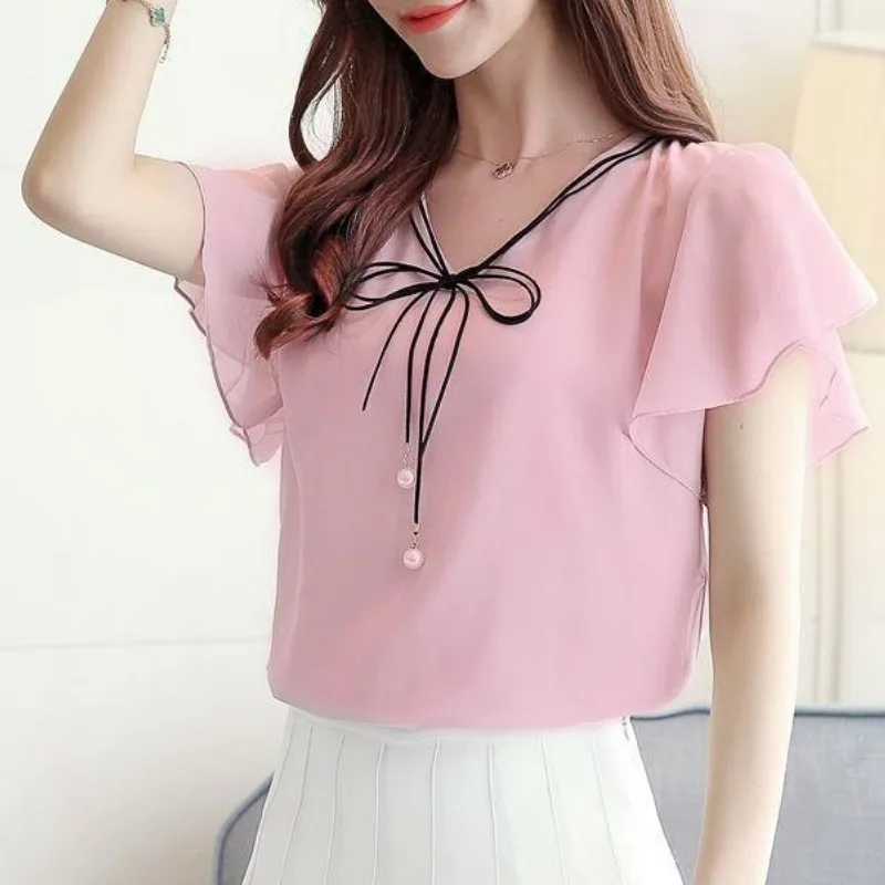 Summer Women's Pullover V-Neck Lace Up Bow Tie Solid Color Beaded Lotus Leaf Short Sleeve Chiffon Shirt Fashion Elegant Tops