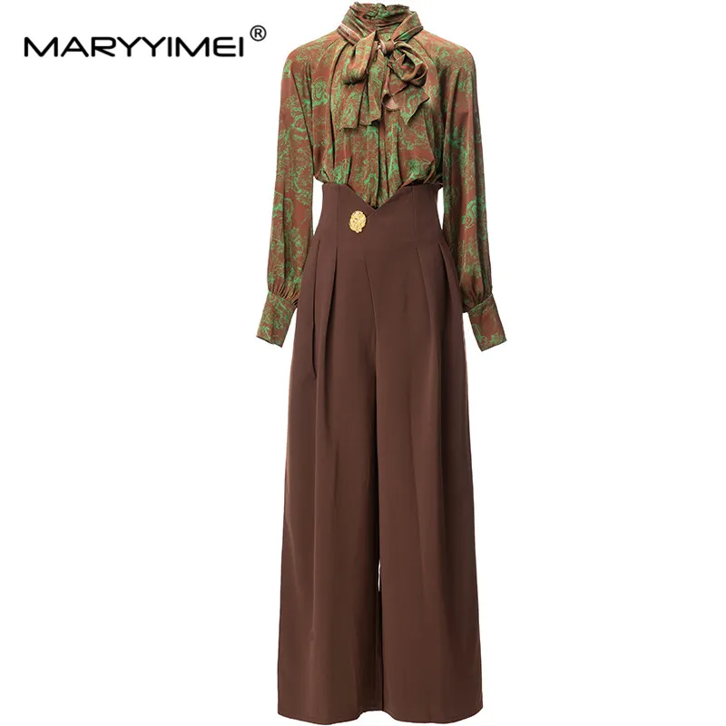 

MARYYIMEI Fashion Designer Suit Women's Scarf Collar Long Sleeves Special Print Tops+Scarf+Flared Trousers 3pcs Set