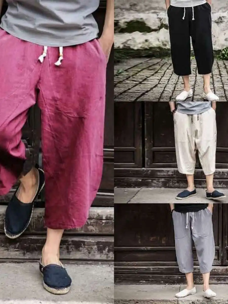 

Модные свободные мужские брюки-галифе из хлопка и льна с широкими штанинами, новые летние повседневные брюки-шаровары с заниженной талией, длина 7/8