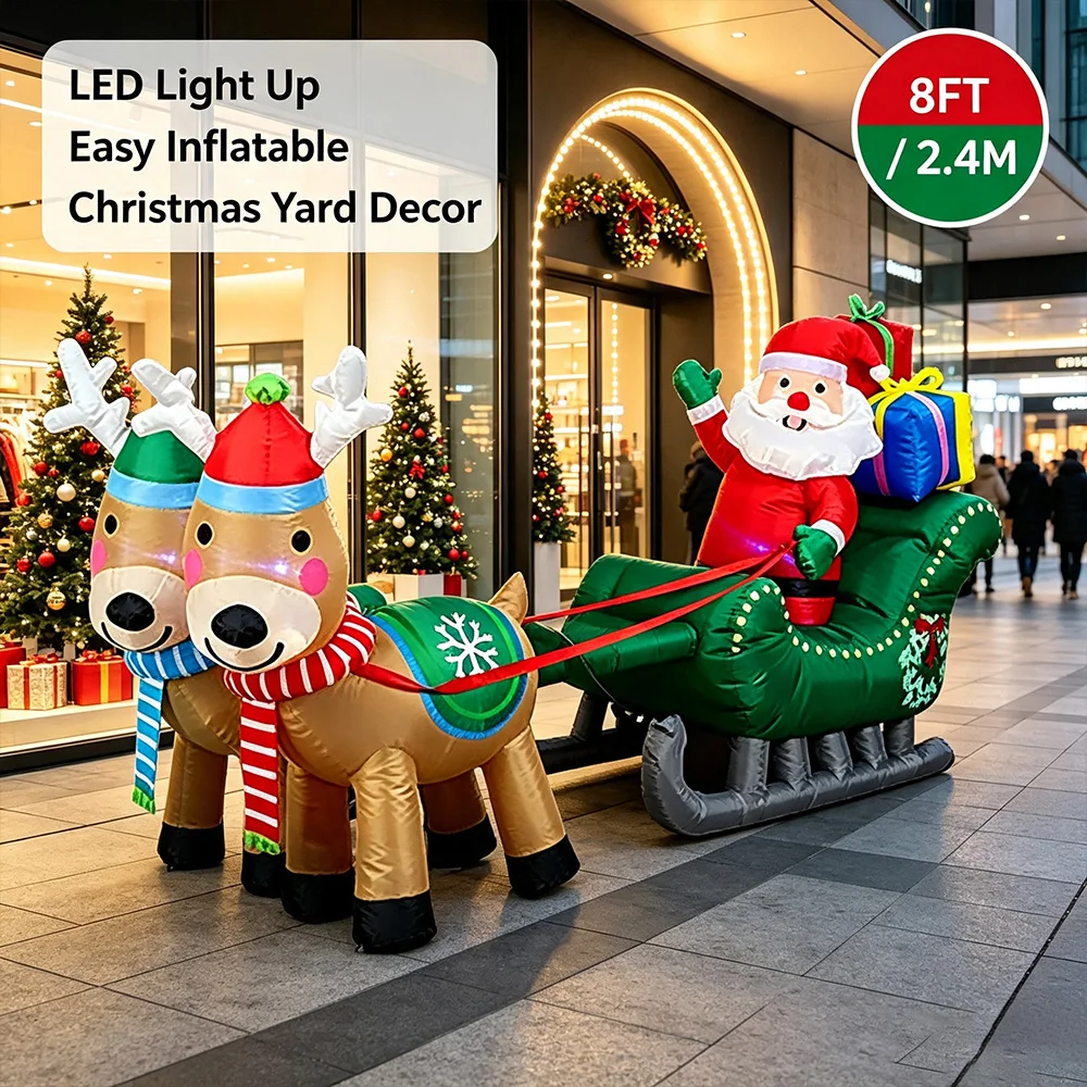 2.4M Inflatable Santa on Sleigh with Reindeer LED Lighted Yard Decor Outdoor Christmas Blow Up Gift Box Ornament