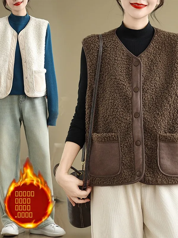 

Loose Women's Svel Vest Jaet Large Size Casual Sle Outerwear Comfortable Fit Design Winter Warm round Ne Cardigan