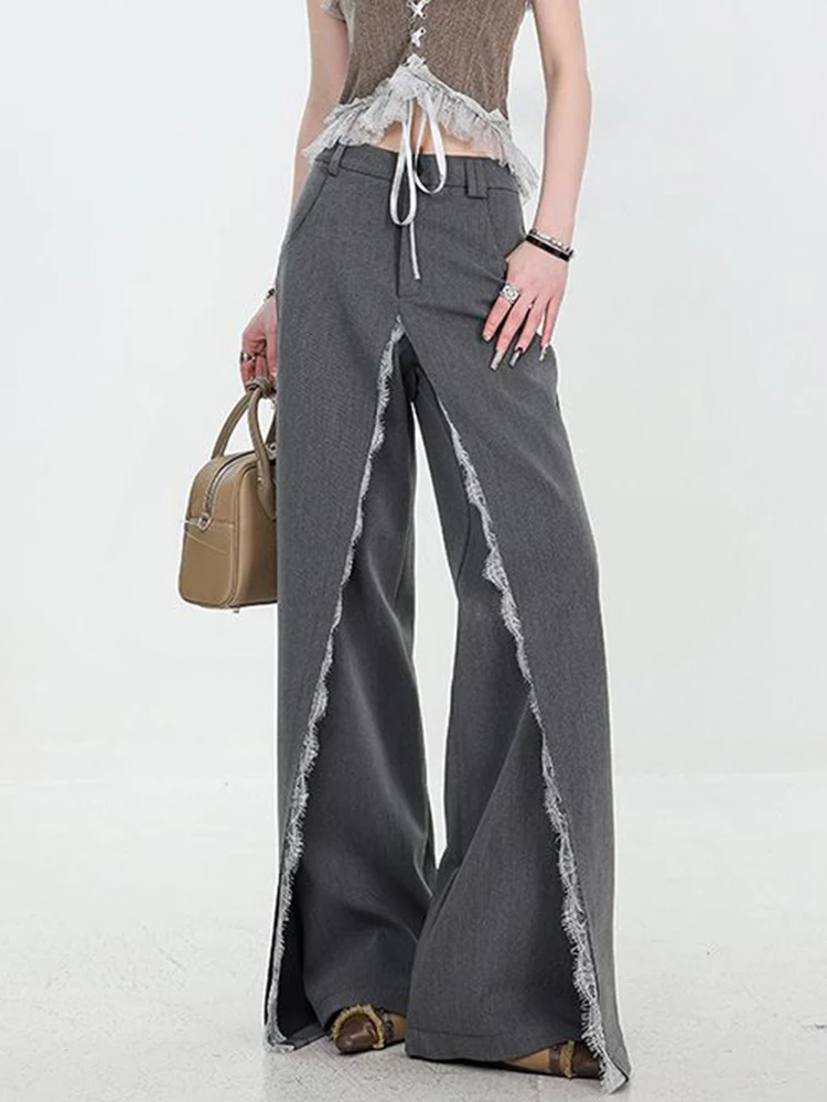 

Fashion Lace Women Suit Pants High Waist Loose Office Lady Korean Trouser Patchwork Chic Casual Grey Female Wide Leg Pants New