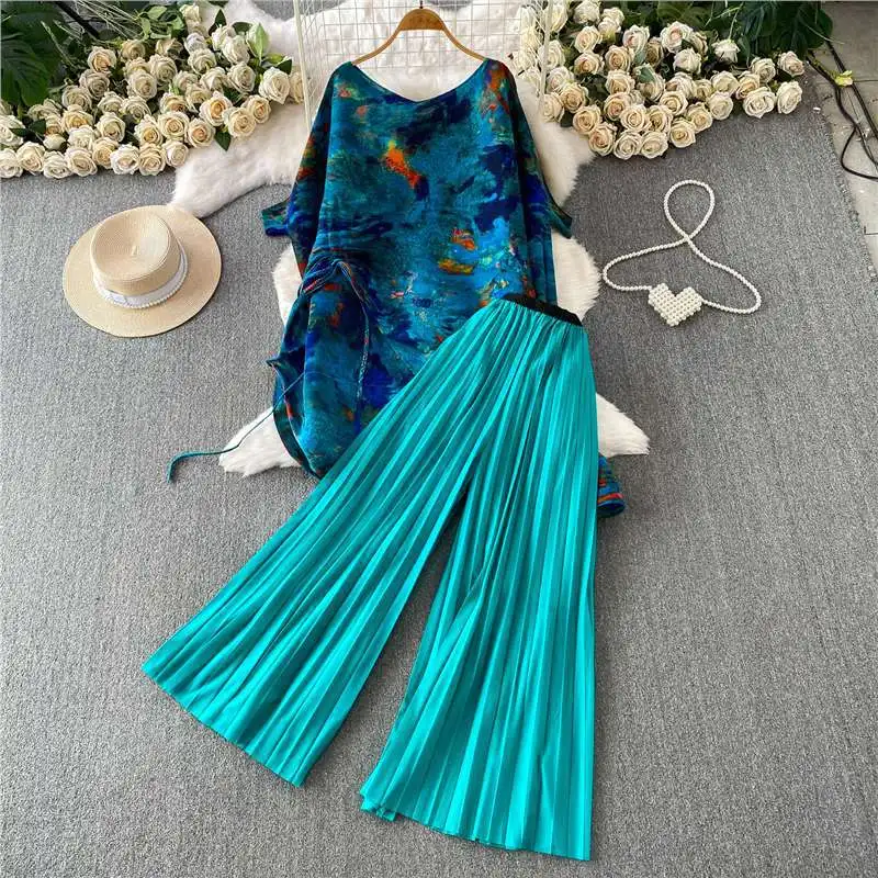 Miyake Light Luxury Oil Painting Printing Design Split Drawstring One-word Collar Bat Sleeve Long Top Two-piece Set view 3
