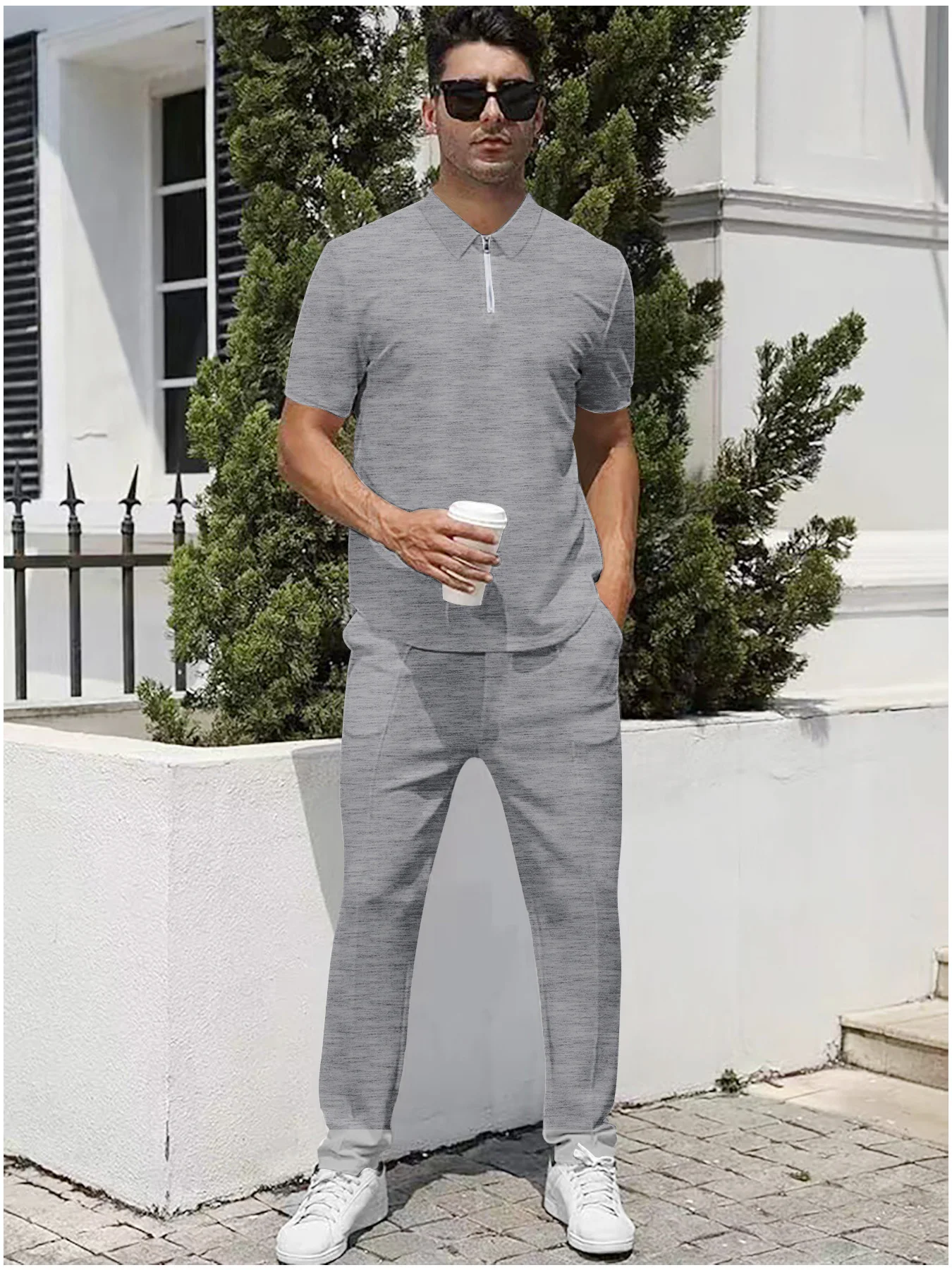 

Men's Summer Thin Half-Zip Short-Sleeve and Long-Pants Casual Sports Two-Piece Set