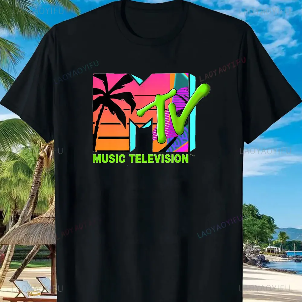 MTV Beach Island Logo Retro Graphic 100% Cotton T-shirt M-T-V Sunset Palm Tree Print Top Unisex T-shirts