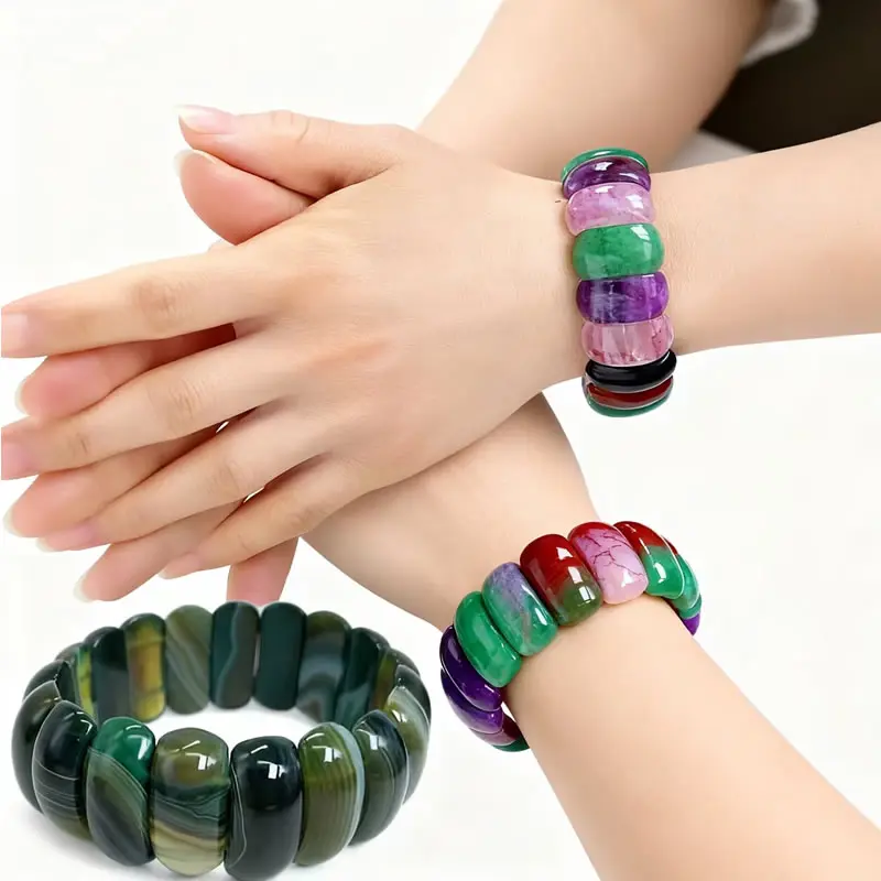 Colored Onyx 10x25mm Bracelet For Men Women Yoga Stripes Agates High Quality Jewelry Charm Elastic Bangle