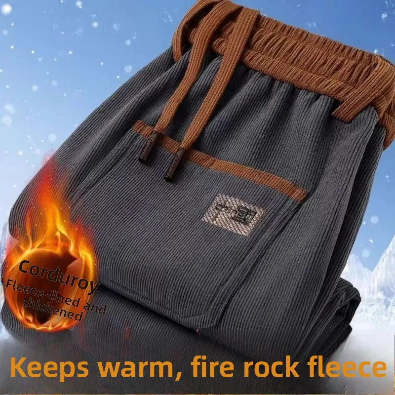 

Thiened Corduroy Men's Casual Pants Warm Lined Straight Leg Autumn Winter Leisure Trousers for Men's Daily Wear