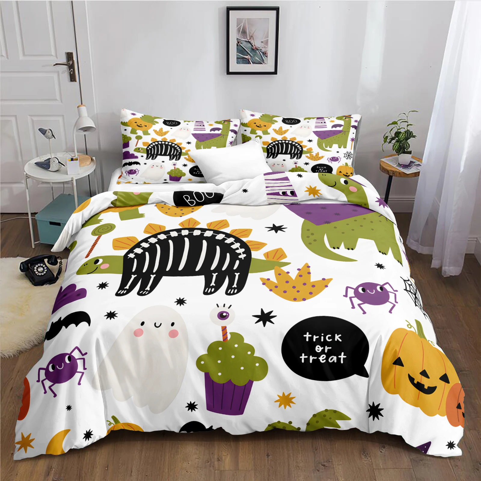 Dinosaur Park Cover Sets for Bed Happy Party Halloween Duvet Cover Set Dinosaur Ghost Bed Set Cute Digital Room Decor