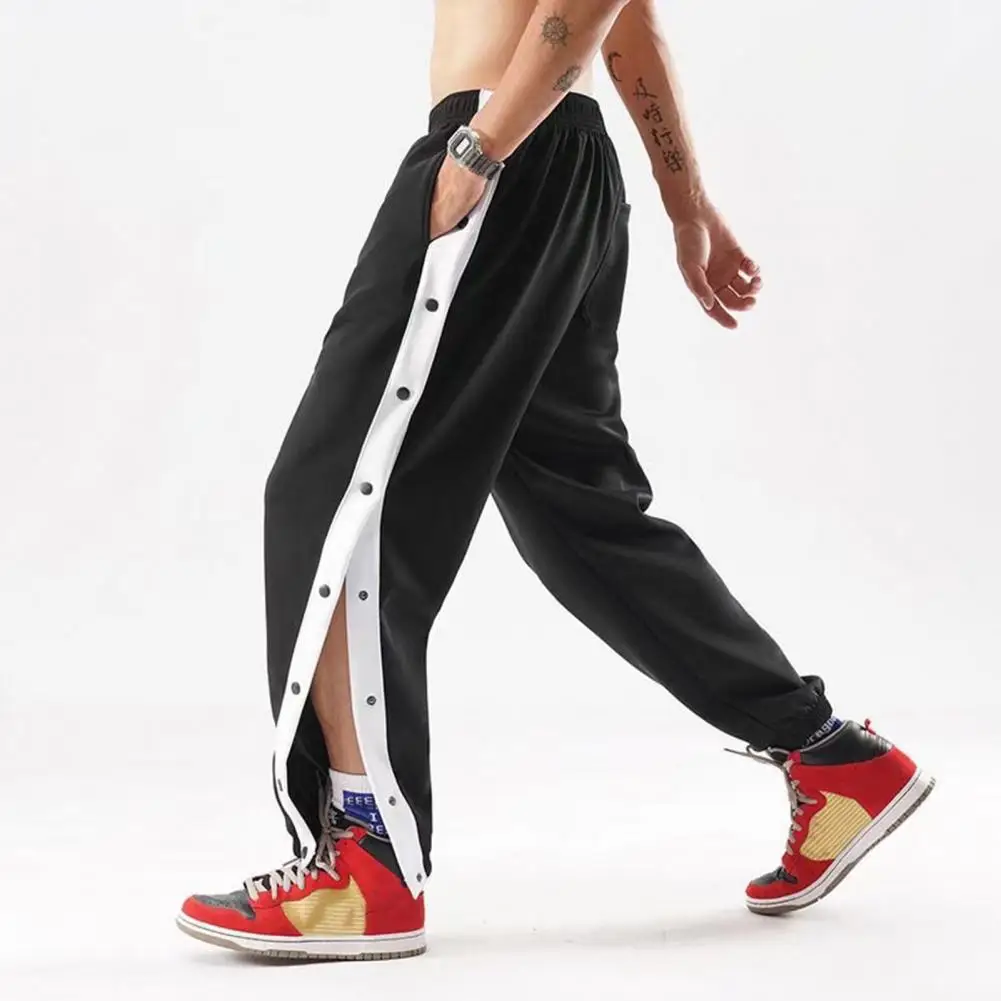 Men Sport Pants Side Button Closure Loose Straight Wide Leg Elastic Waist Breathable Gym Traning Jogging Sweatpants Long Trouser