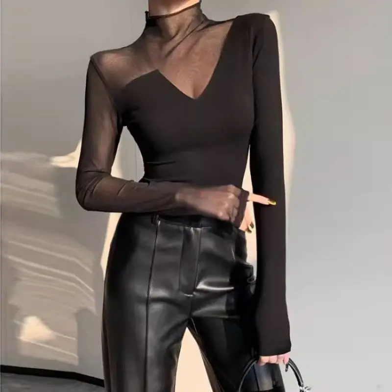 

Temperament Black Semi-turtleneck Mesh Splicing Long-sleeved Shirt Spring New French Slim-fit Bottoming Top