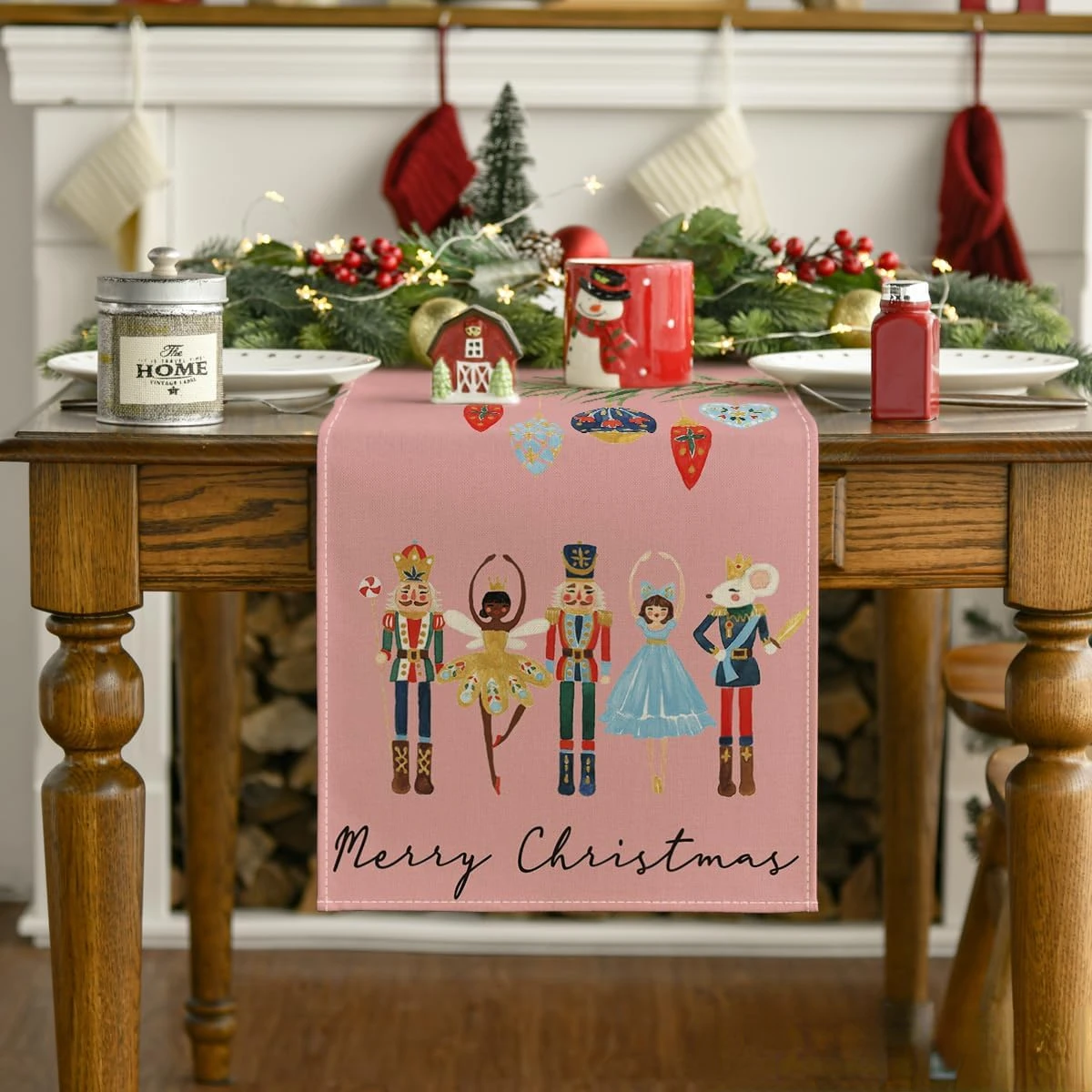 Merry Christmas Pink Nutcrackers Balls Linen Table Runner Party Decor Winter Kitchen Dining Table Runners Christmas Decorations