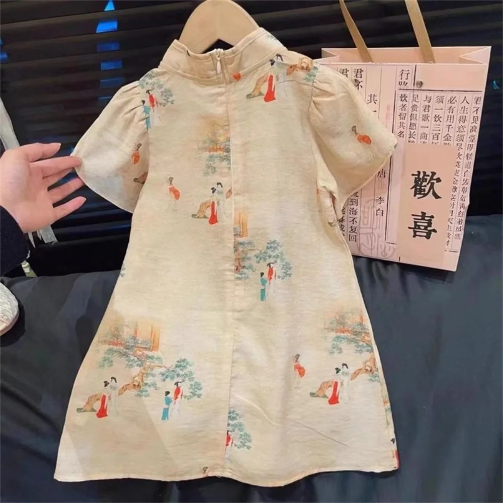 3-7 Years Old Summer Beige Printed Short Sleeved Girls Casual Dresses Chinese Style Retro Qipao Dress Sweet Children's Clothing