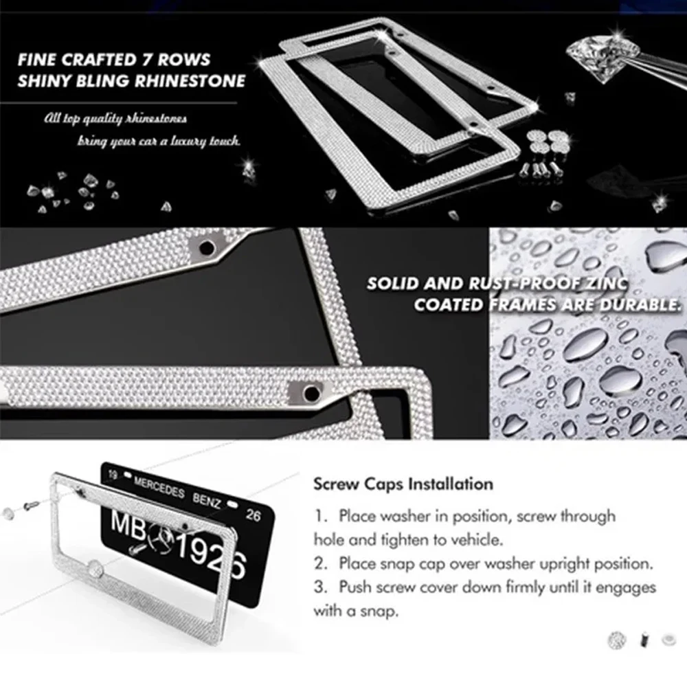 2 قطعة عالية الجودة الفولاذ المقاوم للصدأ لامعة كريستال إطار لوحة الرخصة 31*16 سنتيمتر الولايات المتحدة سيارة الماس لوحة ترخيص غطاء إطاري حامل #4