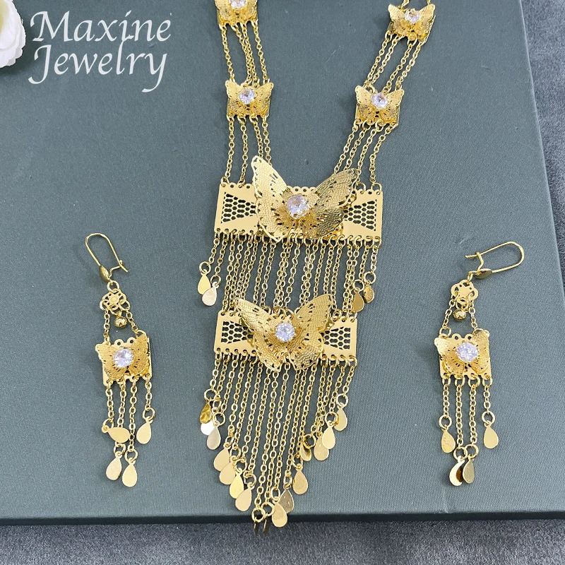 Daily Wear 18K Gold Plated Jewelry Set Earrings Tassel Butterfly Necklace for Women Anniversary Party Dubai Bridal Wedding Gifts