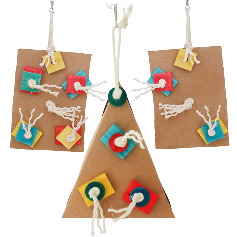 3 In 1 Set Paper Board Colorful Edible Pigment Wood Brick Hanging Chewy Bird Toy Foraging Hanging Bird Toys