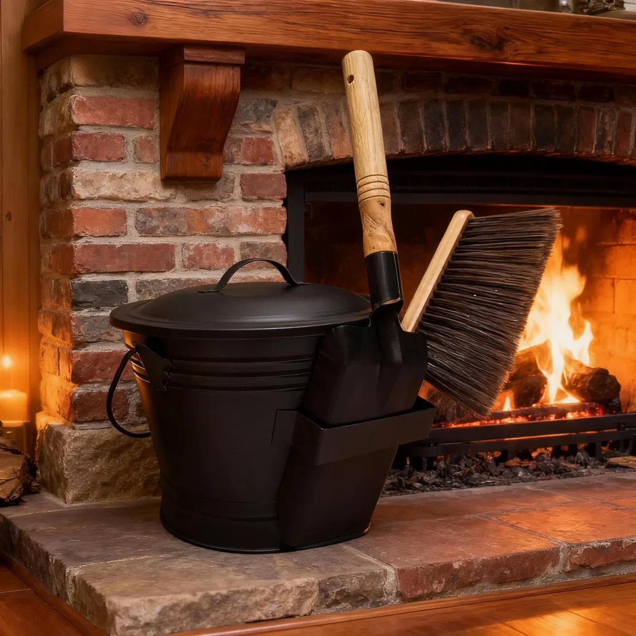 Ash Wood Fireplace Tool Set, Fireplace Utensils Fireplace Shovel Ash Bucket Three-piece Set