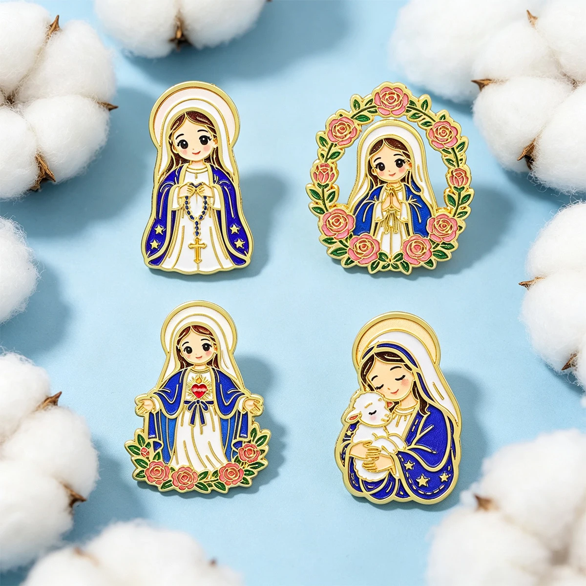 4-teiliges Kawaii religiöses Jungfrau-Maria-Broschen-Set, florale Emaille-Anstecknadel für Rucksack- und Kleidungsdekoration, Geschenk mit Glaubensthema – Detail 4