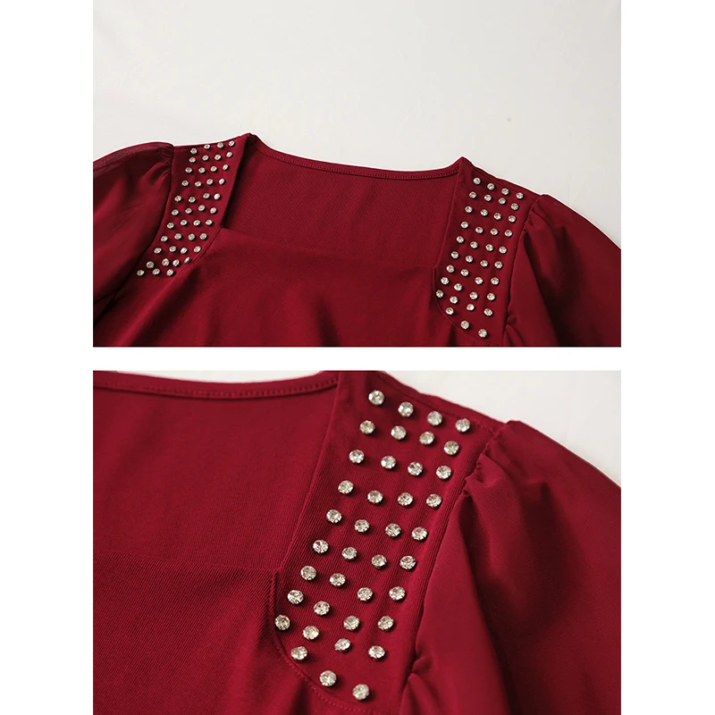 Czarna koszulka w stylu koreańskim na jesień, szykowna, seksowna, kwadratowy dekolt, błyszczące koraliki, patchwork, szyfonowe bluzki damskie, koszulki z długim rękawem, nowość 2025, 49206