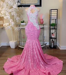 Pink Sequined Mermaid Prom Dresses 2024 For Black Girl Silver Applique Crystal Beaded Long Evening Dress Special Occasion Gowns